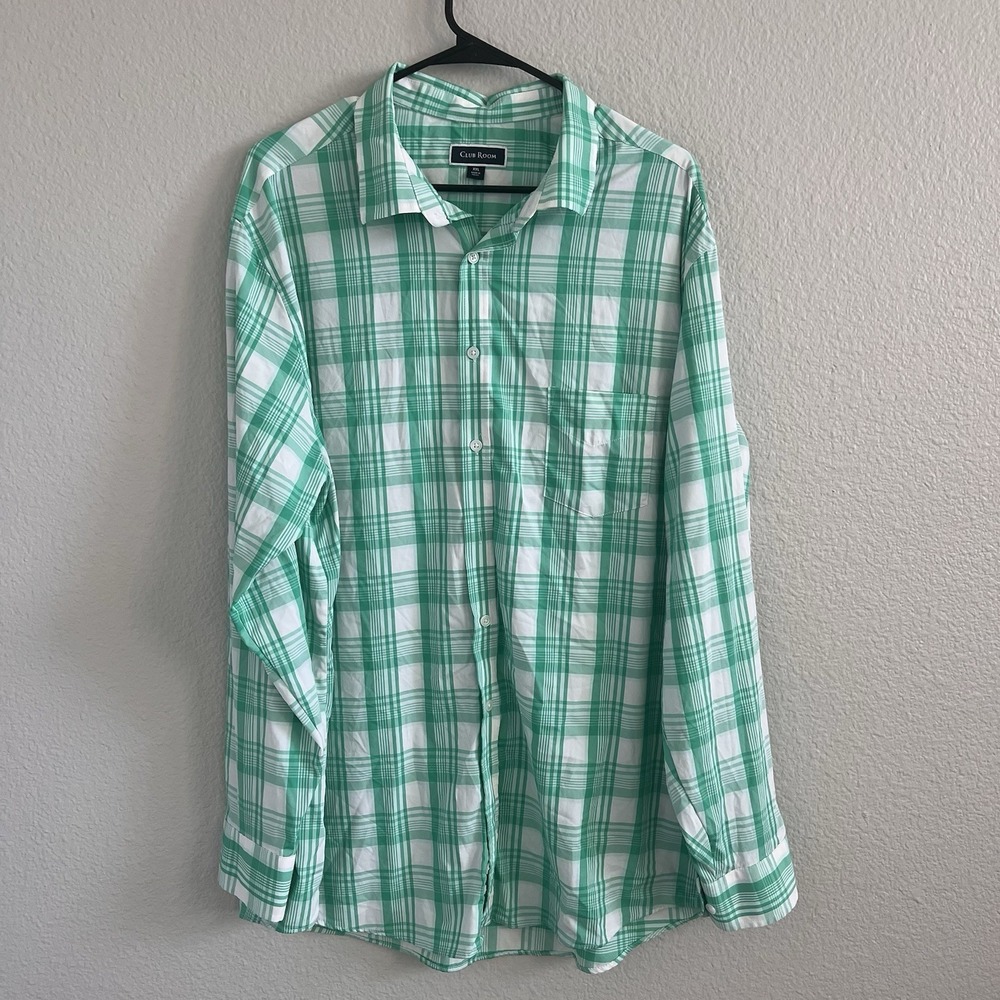 Men's XXL Club Room Plaid Long Sleeve Button-Down Preppy Academia Nylon Stretch
